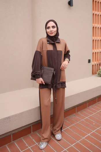 Taba Fermuarlı Renk Bloklu Modal Tunik Pantolonlu Takım