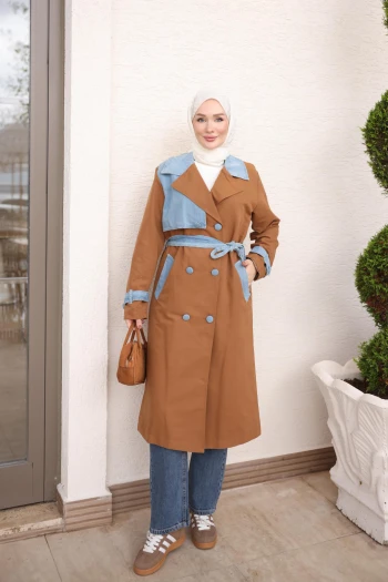 Taba Kruvaze Yaka Astarlı Bel Bağlamalı Trençkot