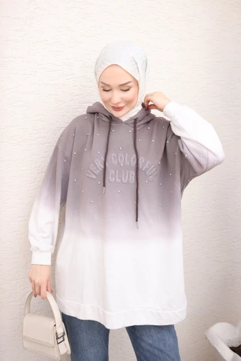 Vizon Kapüşonlu Oversize Çift Renk Sweatshirt
