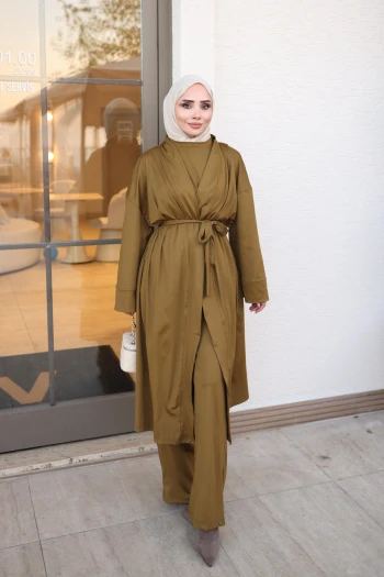 Yağ Yeşili Bel Bağlamalı Scuba Hırka Bluz Pantolonlu 3'Lü Takım