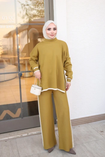 Yağ Yeşili Şerit Detaylı Tunik Pantolonlu Pike Triko Takım