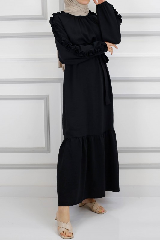 Ayrobin Krep Elbise-Siyah