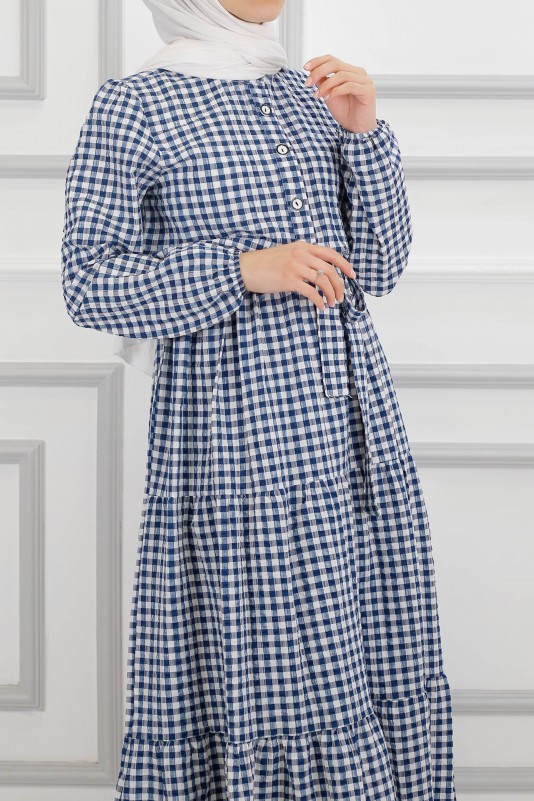 Belden Lastikli Kareli Elbise-Lacivert