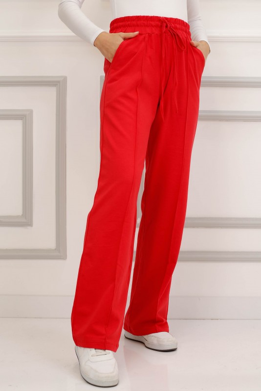 Beli Lastikli Bol Paça Pantolon-Kırmızı