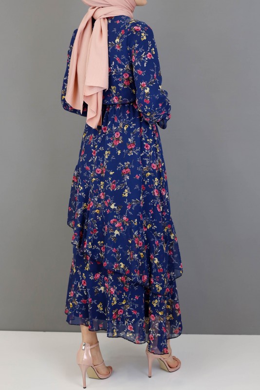 Eteği Asimetrik Fırfırlı Şifon Elbise-Lacivert