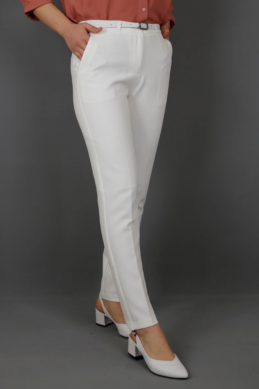 Kemerli Klasik Kalem Kumaş Pantolon-Beyaz