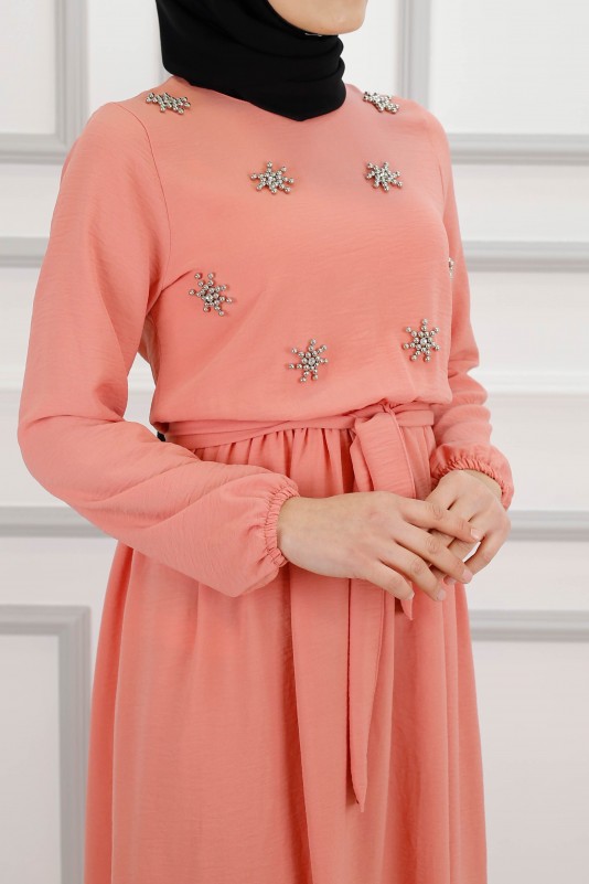 Önü Taşlı Ayrobin Krep Elbise-Pudra