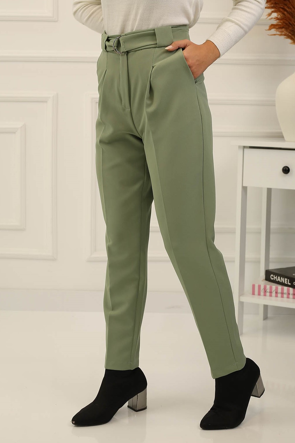 Dabıl Krep Yüksek Bel Kalem Pantolon-Yeşil