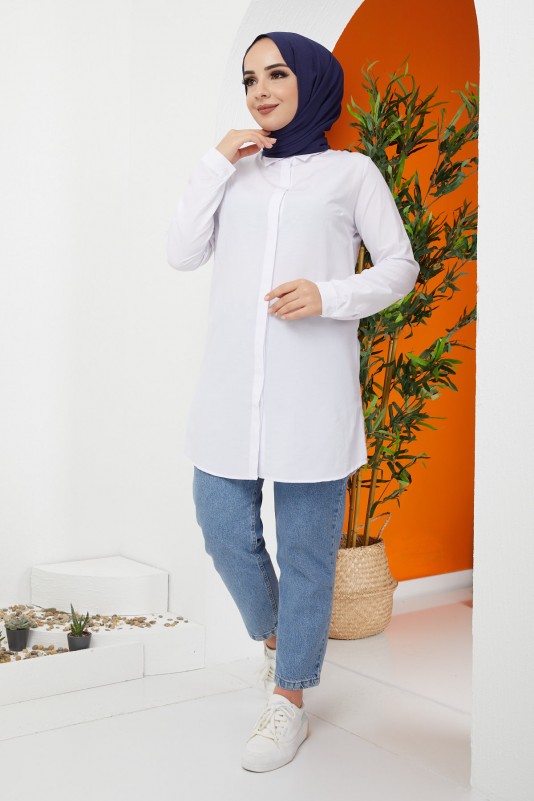 Gizli Patlı Düğmeli Düz Tunik Gömlek/Beyaz