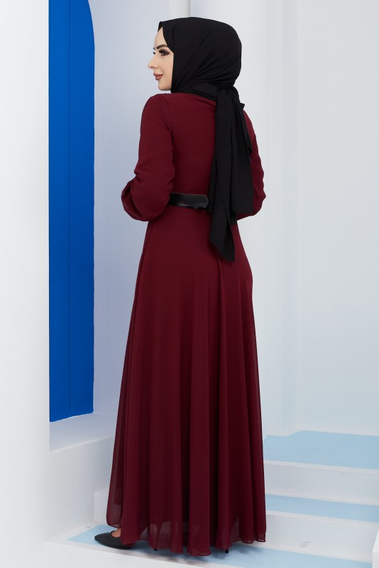 Drapeli Kuşak Detaylı Tesettür Şifon Elbise/Bordo