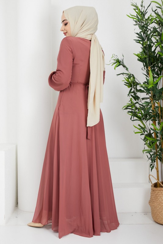 Drapeli Kuşak Detaylı Tesettür Şifon Elbise/Pudra