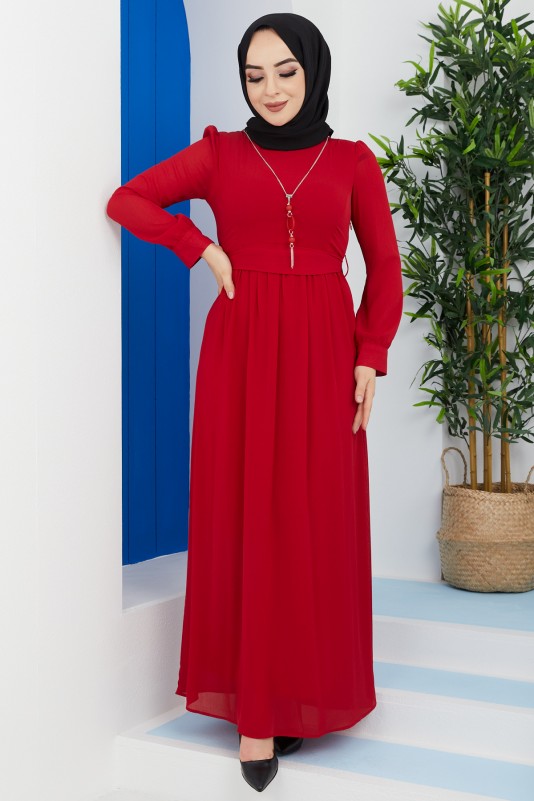 Kolyeli Astarlı Tesettür Şifon Elbise/Kırmızı