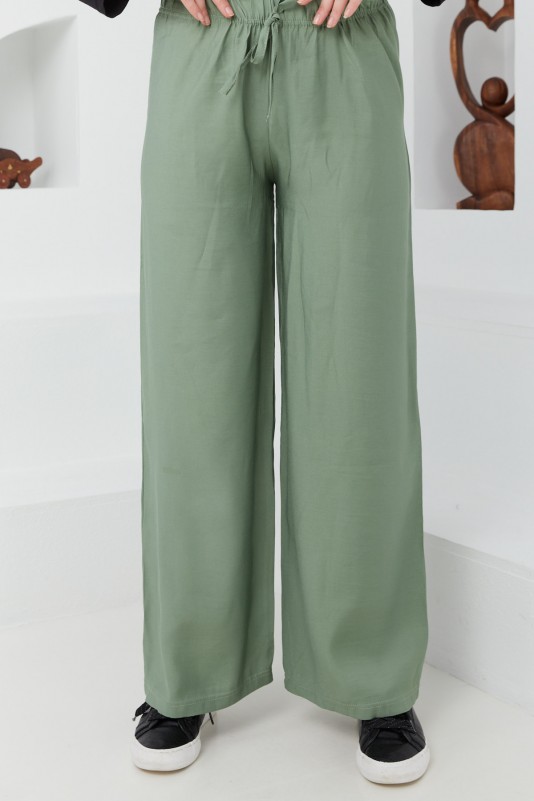 Beli Biyeli Bol Paça Pantolon/Yeşil