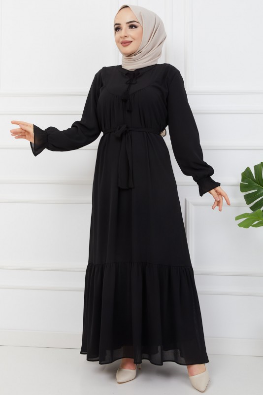Büyük Beden Şifon Yaka Püsküllü Elbise/Siyah
