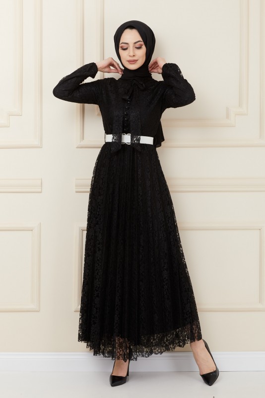 Dantelli Fiyonk Detaylı Tesettür Elbise/Siyah