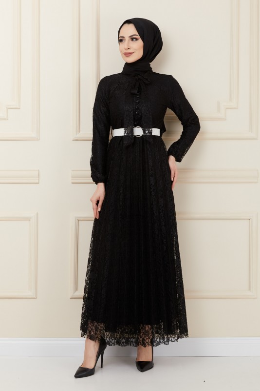 Dantelli Fiyonk Detaylı Tesettür Elbise/Siyah
