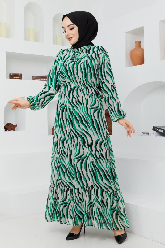 Desenli Tesettür Şifon Elbise/Yeşil