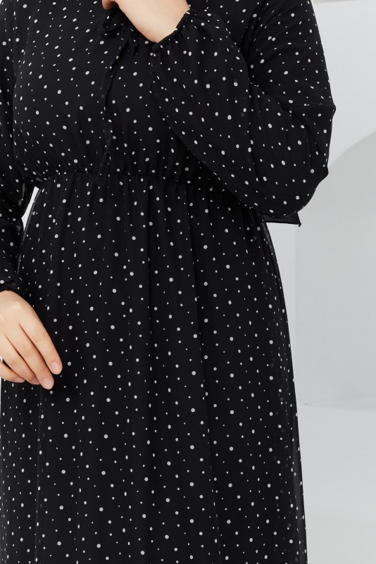 Desenli Tesettür Şifon Elbise/Siyah Beyaz Puantiyeli