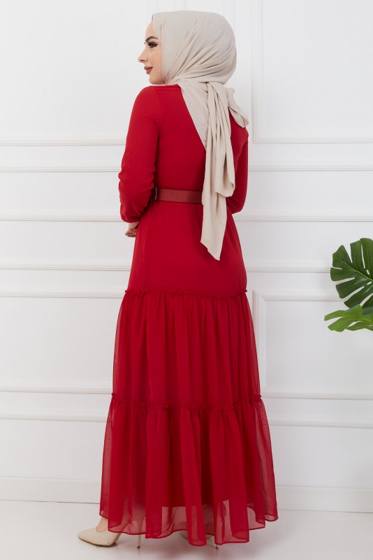 Kemerli V Yaka Şifon Elbise/Kırmızı