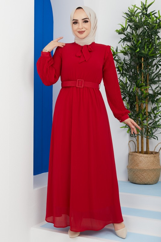 Omuz Fırfır Detaylı Kemerli Tesettür Elbise/Kırmızı