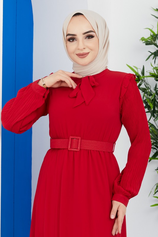 Omuz Fırfır Detaylı Kemerli Tesettür Elbise/Kırmızı