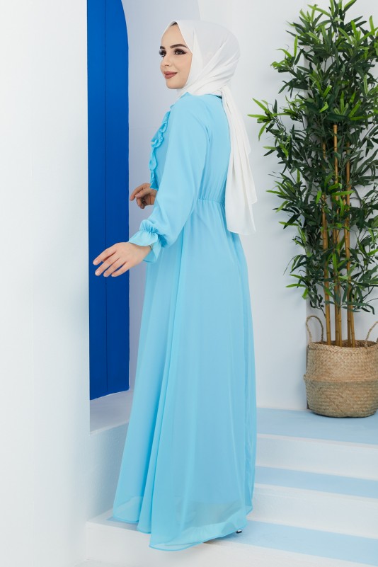 Ön Fırfır Detaylı Tesettür Elbise/Bebe Mavi