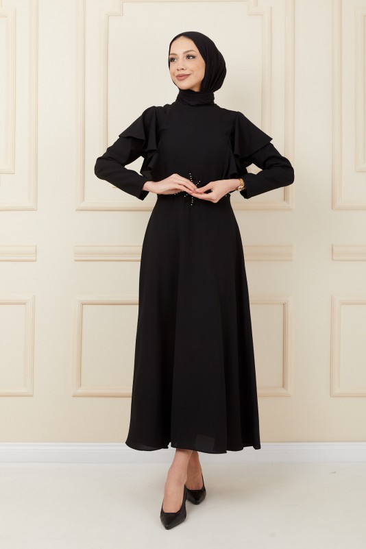 Boncuklu Nakış Detaylı Tesettür Elbise/Siyah
