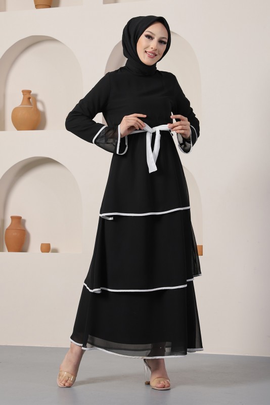 Biyeli Kat Kat Tesettür Şifon Elbise/Siyah