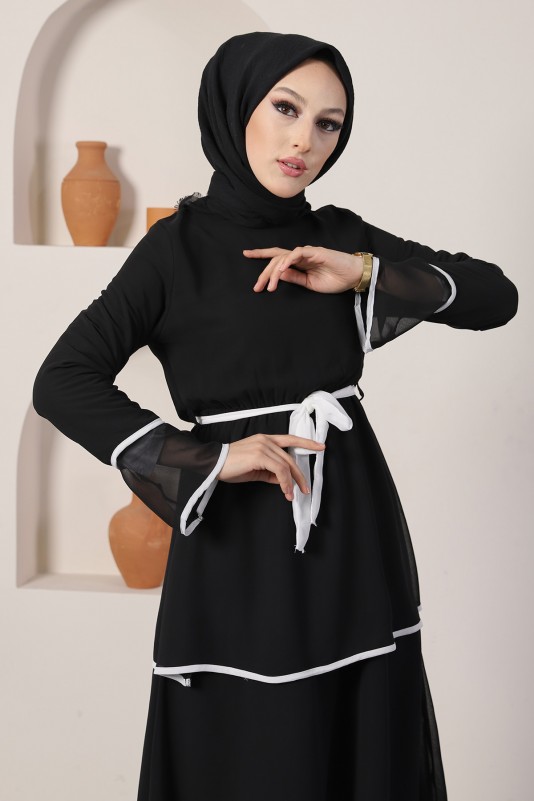 Biyeli Kat Kat Tesettür Şifon Elbise/Siyah