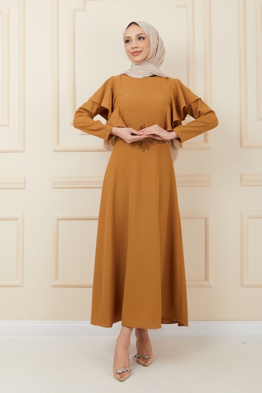 Boncuklu Nakış Detaylı Tesettür Elbise/Camel