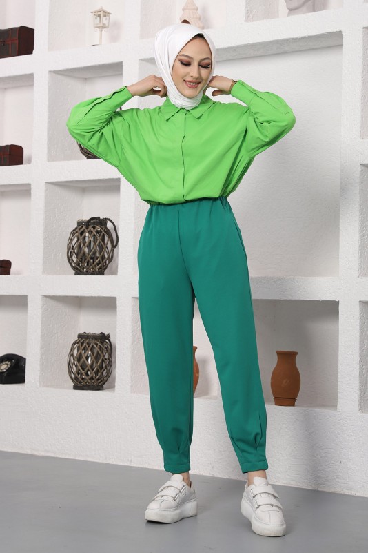 Pileli Havuç Pantolon/Yeşil