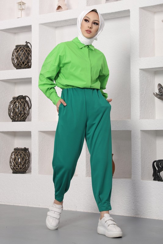 Pileli Havuç Pantolon/Yeşil