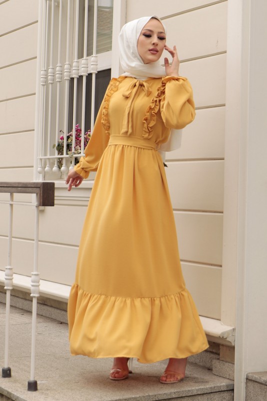 Yaka Bağlamalı Fırfır Detaylı Tesettür Elbise/Sarı