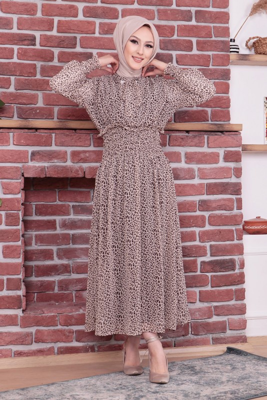 Kravat Detaylı Desenli Tesettür Şifon Elbise/Bej