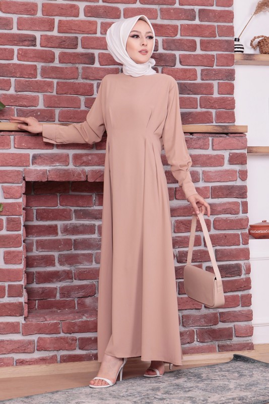 Pile Detaylı Tesettür Elbise/Camel