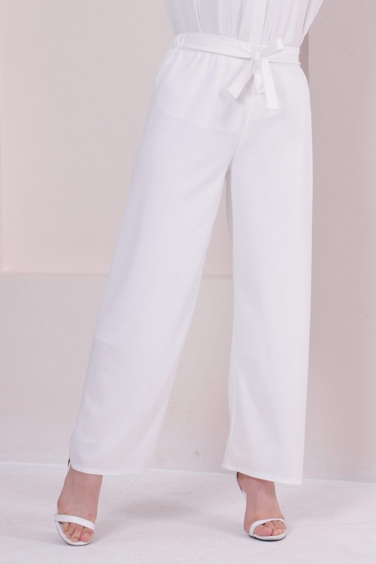 Bağlama Detaylı Geniş Paça Pantolon/Beyaz