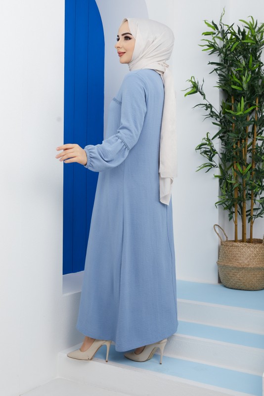 Büyük Beden Pile Detaylı Ayrobin Elbise/Mavi