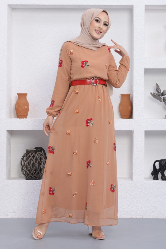 Nakış Detaylı Kemerli Şifon Tesettür Elbise/Somon