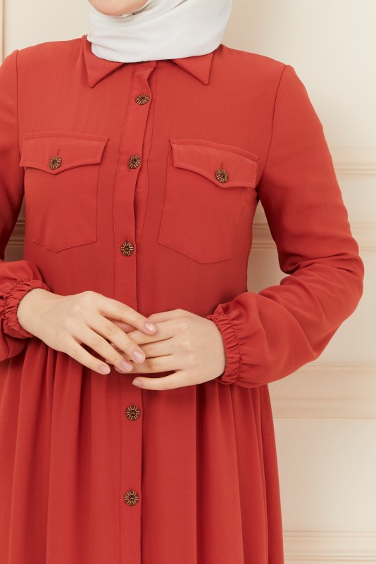 Ön Cep Detaylı Kat Kesim Ayrobin Tesettür Elbise/Kiremit