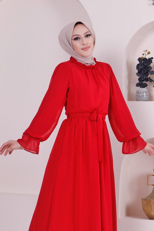 Yaka Fırfır Detaylı Şifon Tesettür Elbise/Kırmızı