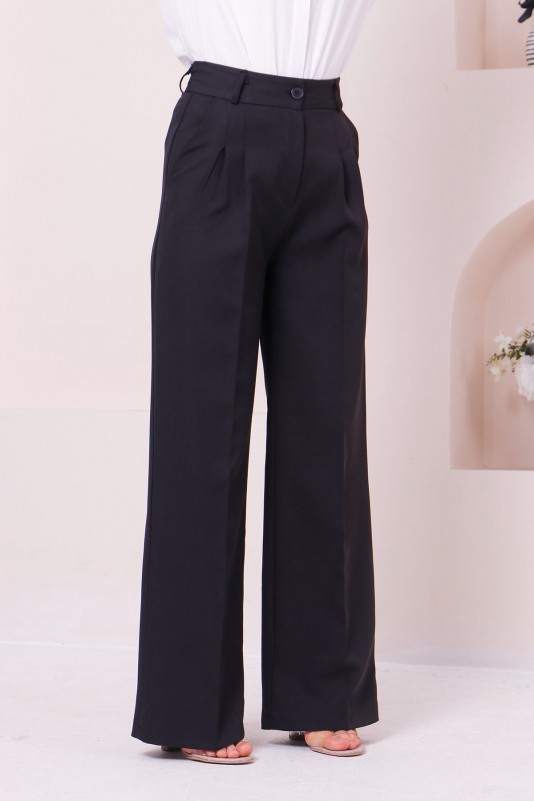 Beli Düğmeli Pile Detaylı Kumaş Pantolon/Siyah