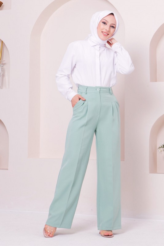 Beli Düğmeli Pile Detaylı Kumaş Pantolon/Mint
