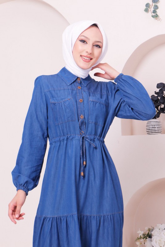 Cep Detaylı Düğmeli Tesettür Kot Elbise/Koyu Mavi