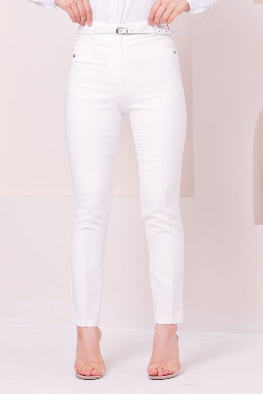 Cep Detaylı Kemerli Kumaş Pantolon/Beyaz