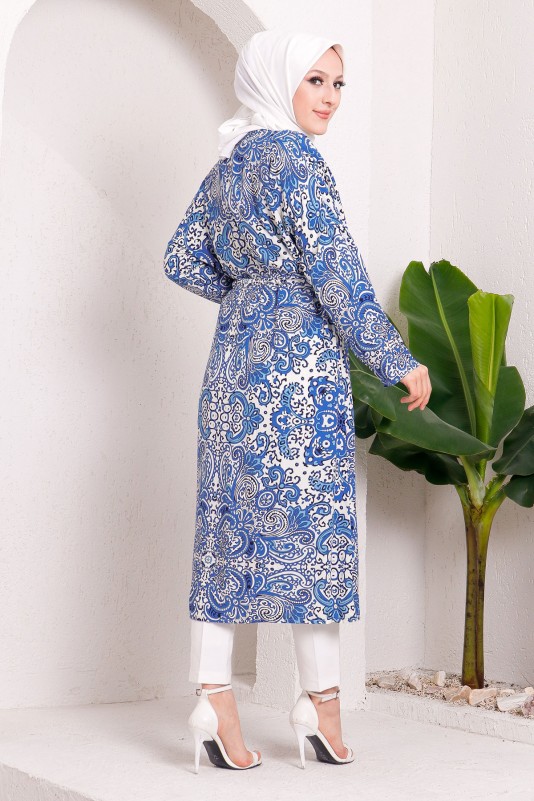Güpür Detaylı Desenli Tesettür Kimono/Mavi