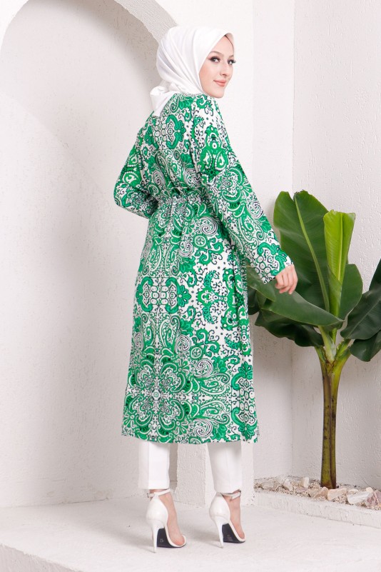 Güpür Detaylı Desenli Tesettür Kimono/Yeşil