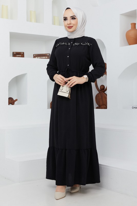İnci Detaylı Tesettür Ayrobin Elbise/Siyah