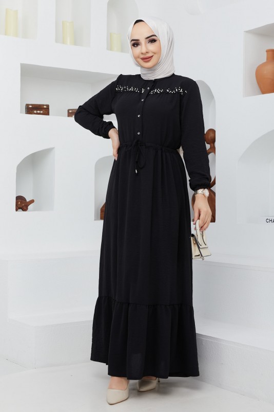 İnci Detaylı Tesettür Ayrobin Elbise/Siyah