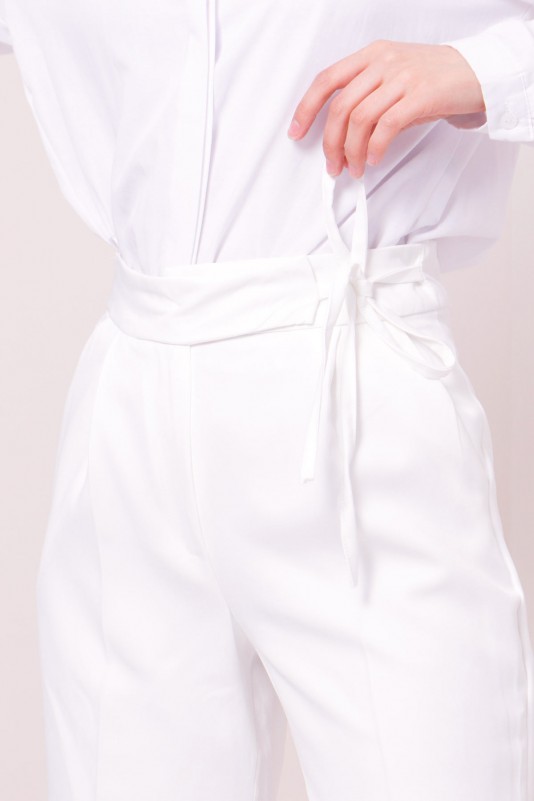 İp Bağlama Detaylı Geniş Paça Kumaş Pantolon/Beyaz