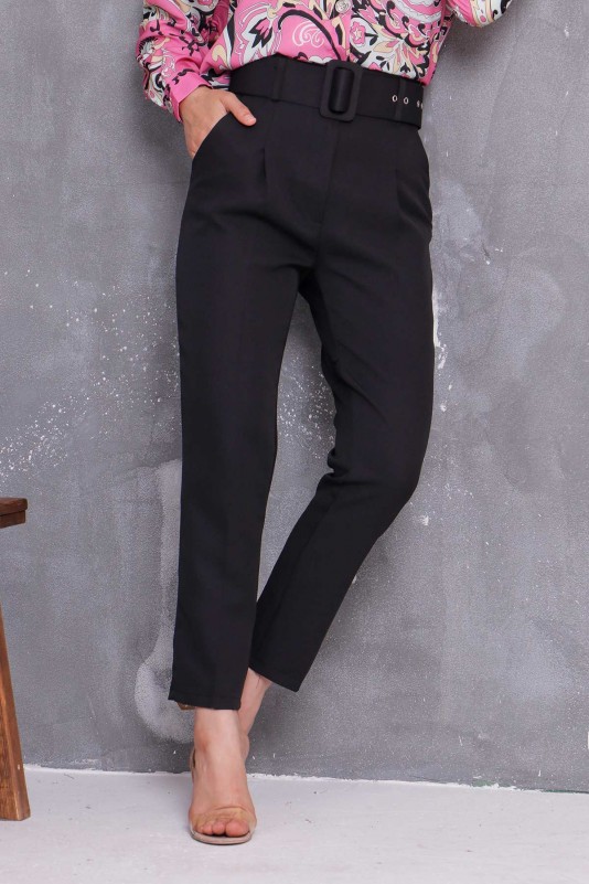 Kemerli Pile Detaylı Kumaş Kalem Pantolon/Siyah